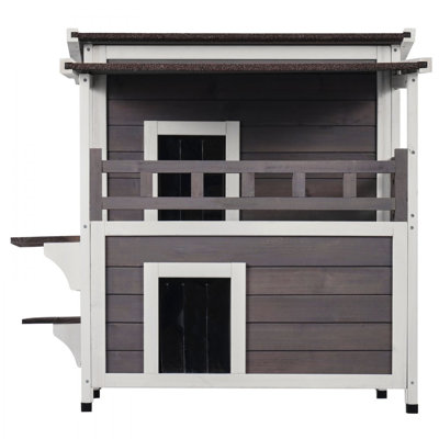 Outdoor Cat House 2-story Wooden Feral Cat Shelter with Balcony & Roof