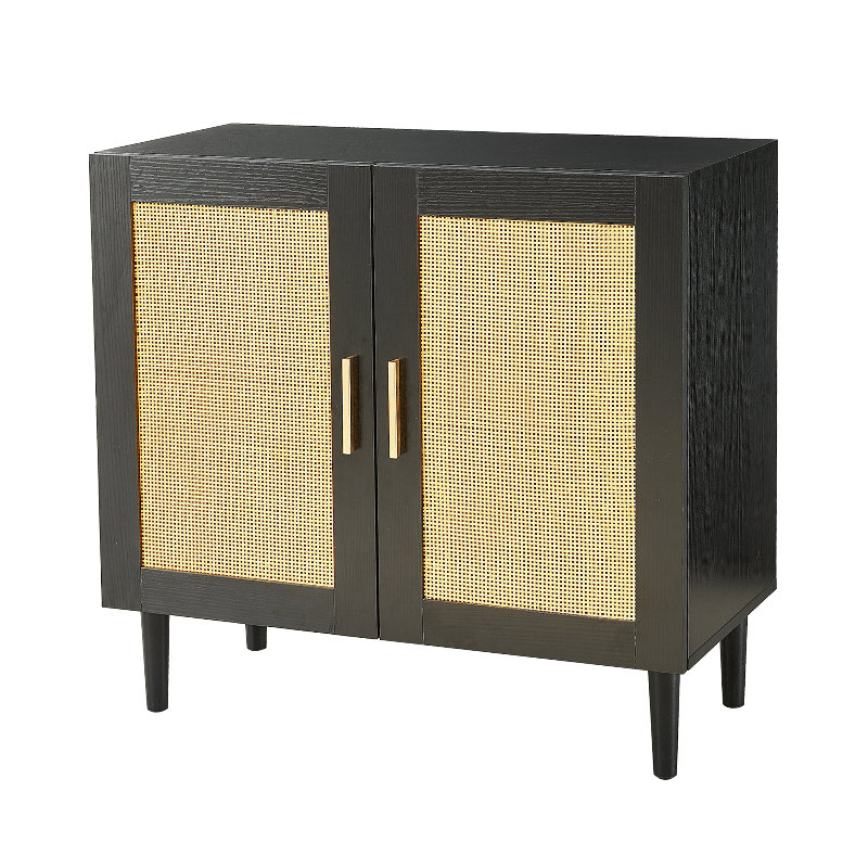 Stylish Side panel buffet cabinet with natural rattan door, rattan storage cabinet with adjustable