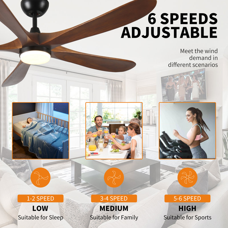 Ventilateur de plafond en bois massif à 5 pales avec lumière DEL et télécommande, 52 pouces