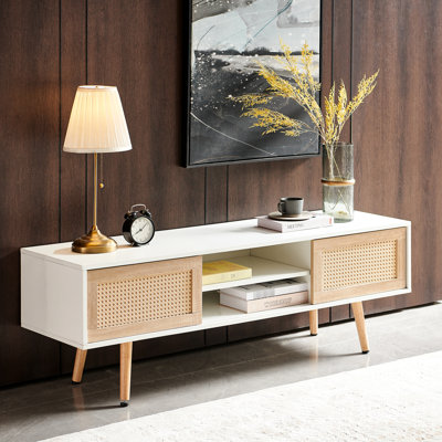 Woven Tv Cabinet, 56.47", White, Double Sliding Doors, Adjustable Shelf, Solid Wood Feet 56.47" Stand With Legs, Shelf For Hobby Room