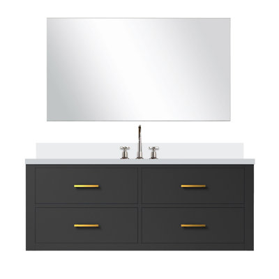Meuble-lavabo bleu l 48 po x P 22 po, comptoir en quartz, miroir 43 po et robinet inclus