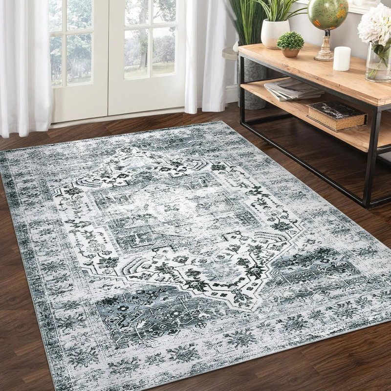 Rug Kitchen Hallway Entryway – Vintage Floral Oriental Design Non-Slip Stain Resistant Low Pile Floor Covering (Blue)