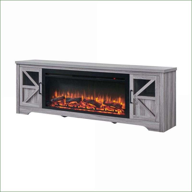 Meuble télé avec foyer électrique, 75 po pour téléviseur de 80 po, bois gris ardoise + métal noir | Électrique | Espace de vie principal