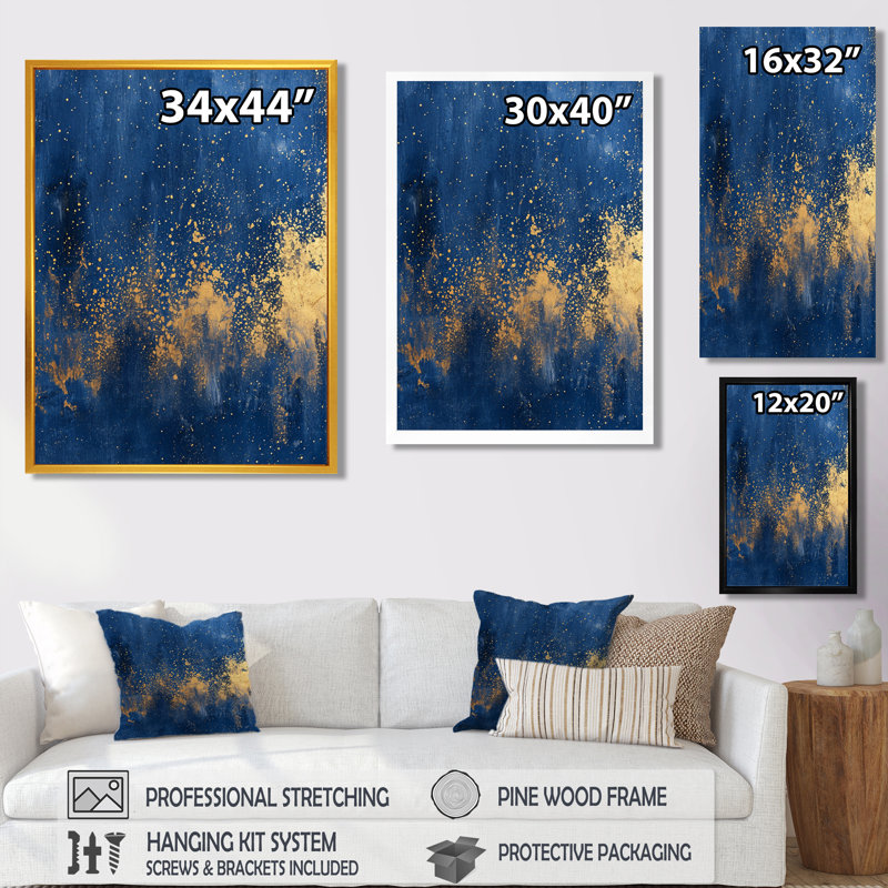 Golden Starry Night - reproduction d'art murale abstraite, H 32 po x l 24 po x P 1 po, Toile avec cadre flottant noir