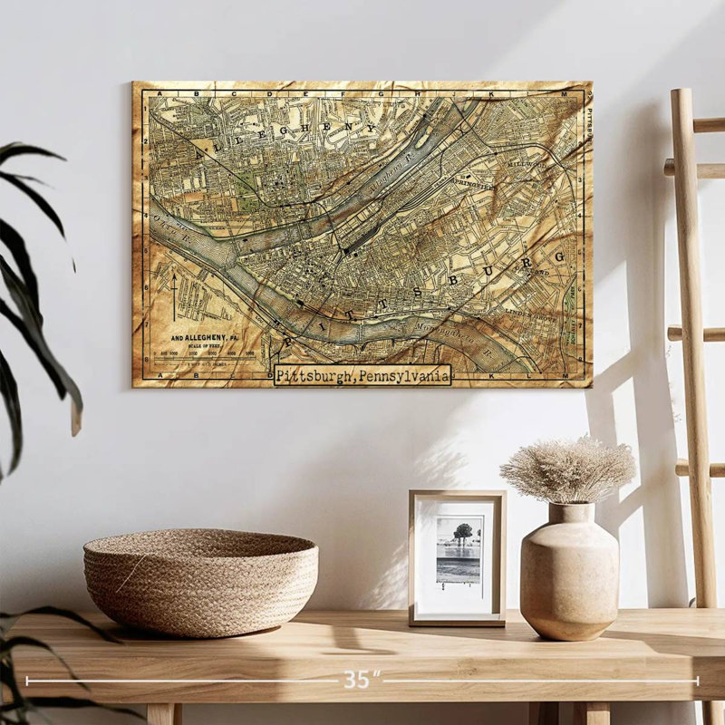 Carte rétro de la ville de Pittsburgh sur toile, H 16 po x l 24 po x P 1,25 po