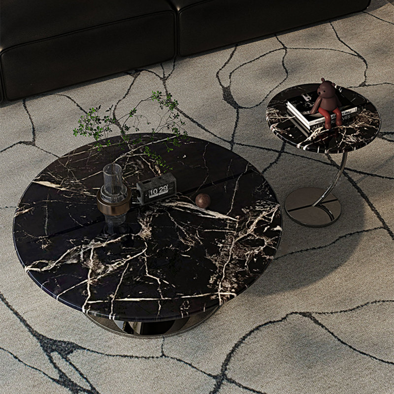 Round marble stainless steel coffee table, 15" H x 31.5" L x 31.5" W