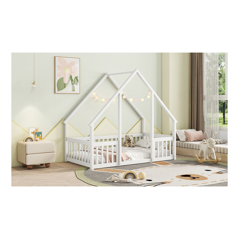  Lit en bois en forme de maison en bois avec clôture, garde-corps, Pin, Blanc