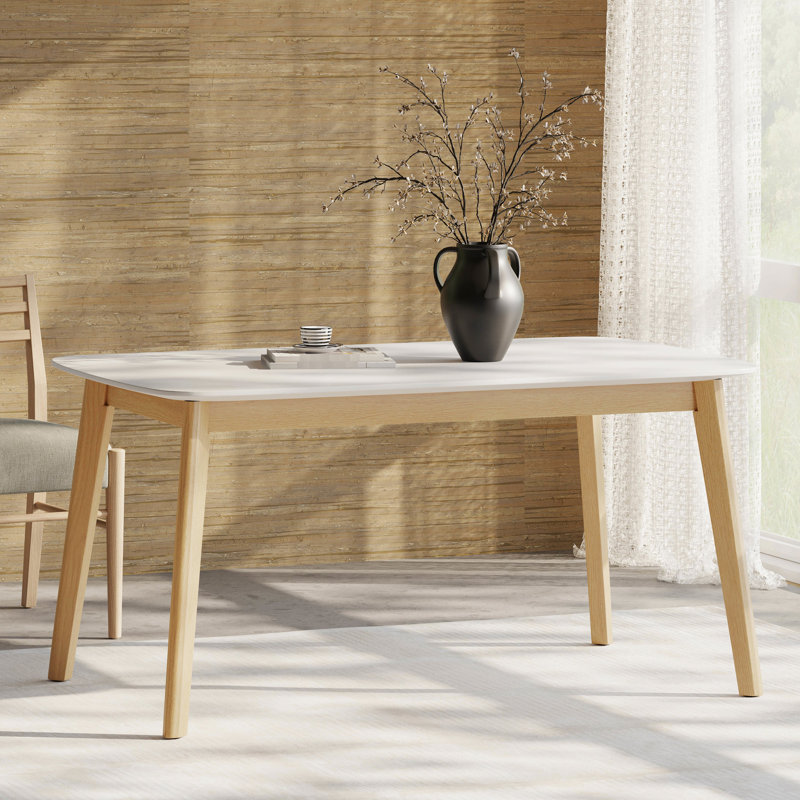 Table de salle à manger Mid-Century couleur chêne blanc, plateau en faux bois et pieds en bois d'hévéa massif, l 57,97 po x P 35,29 po H 30,14 po