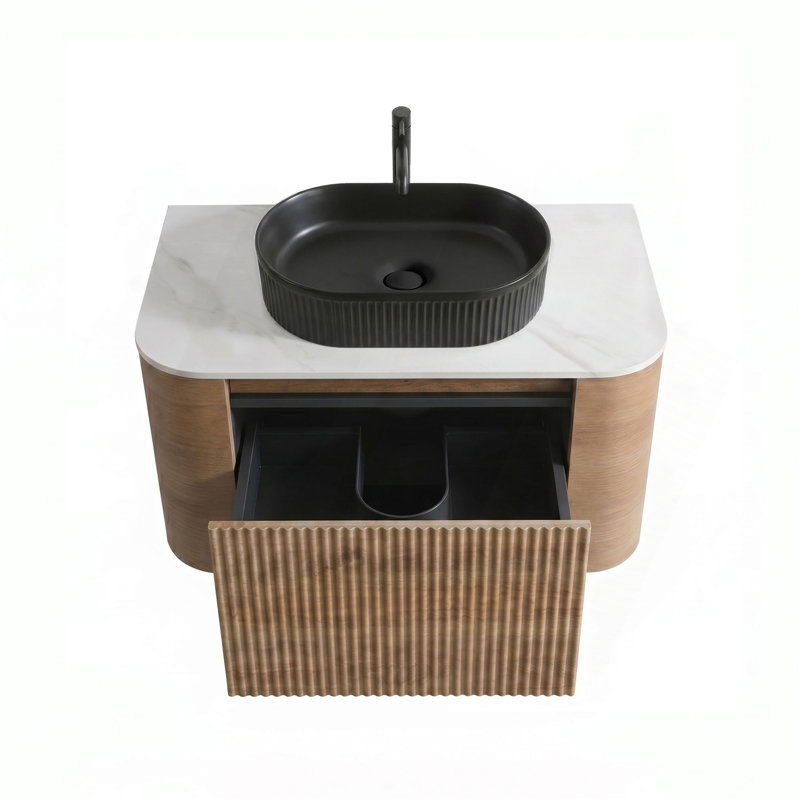 Meuble-lavabo Erba de 30 pouces avec lavabo, armoire murale couleur miel avec porte-serviettes offert, lavabo ovale noir à rayures en céramique, sans bonde ni robinet, préassemblé