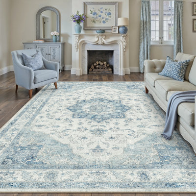 Stella Machine Washable Oriental Blue Area Rug
