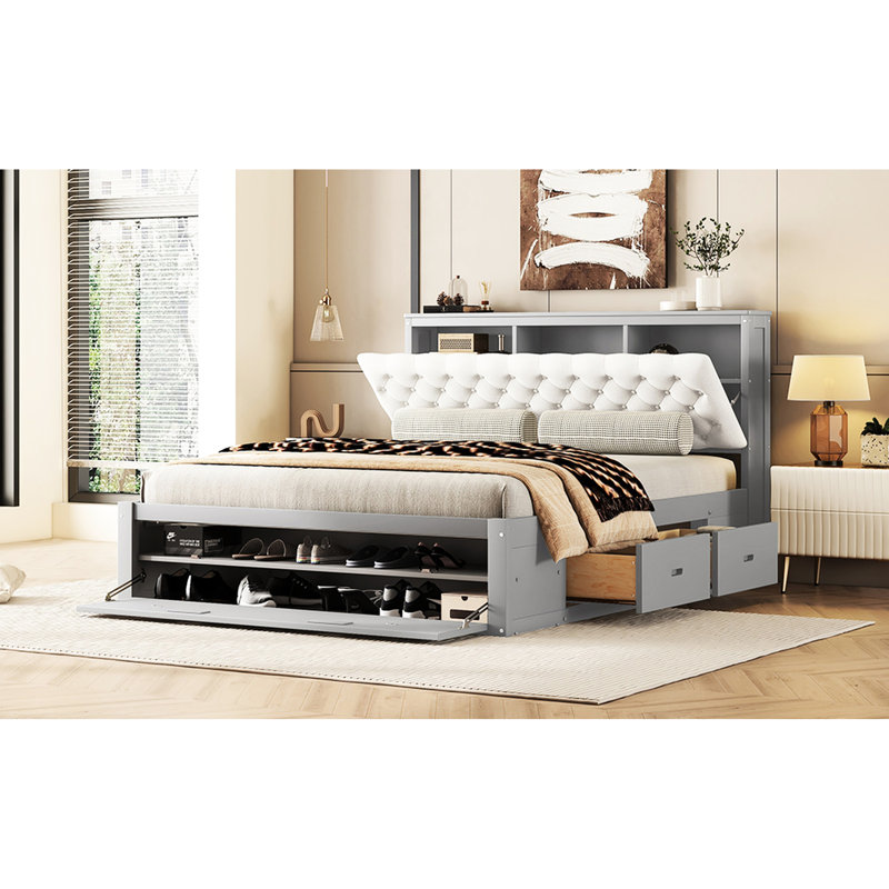 Grand lit plateforme gris avec rangement pour tête de lit en bois, 4 tiroirs et porte-chaussures, Nuance