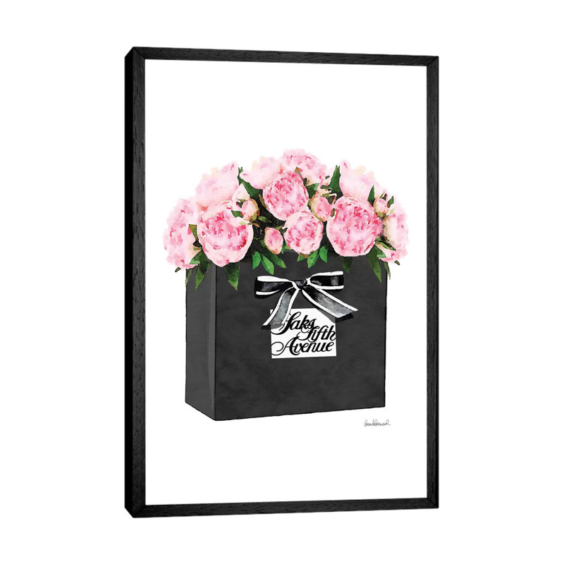 Saks 5th Bag With Pink Peony by Amanda Greenwood - Painting on Canvas, 101.6 cm H x 66.04 cm W, Black Framed Canvas