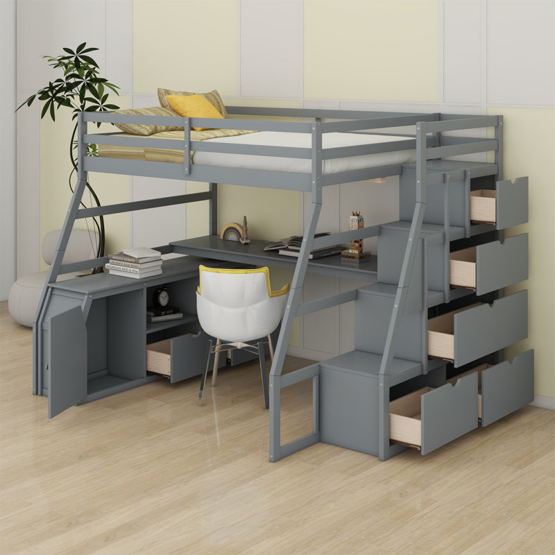 Lit mezzanine avec 7 tiroirs, 2 tablettes et un bureau, Gris