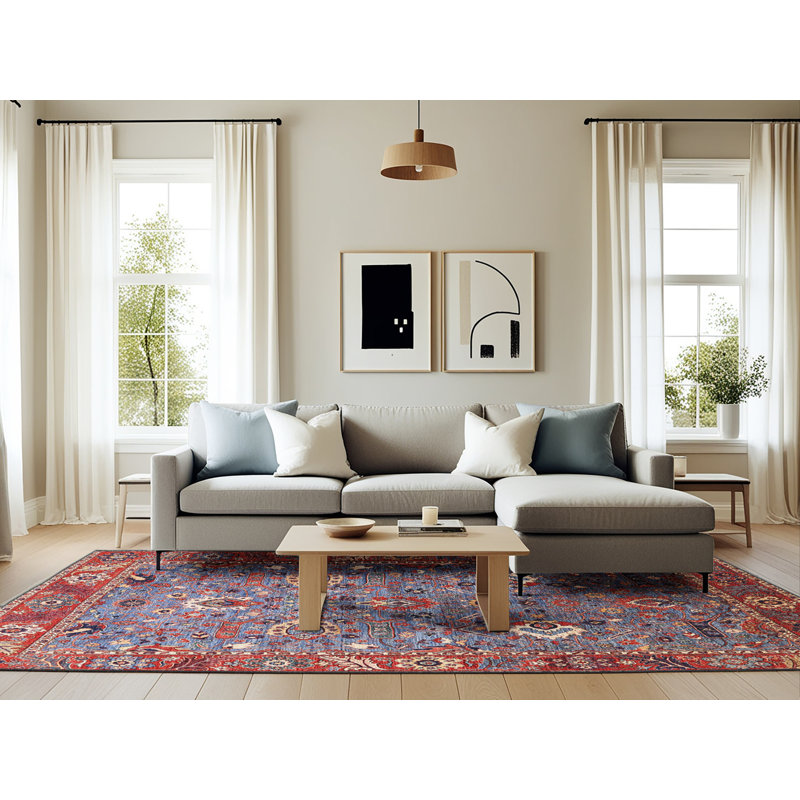Tapis oriental rouge / bleu Rue, Rectangle 6 pi x 9 pi