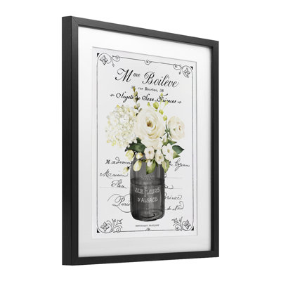 Fleurs rétro françaises avec impression de script sous verre encadrée, design par lettré et doublé