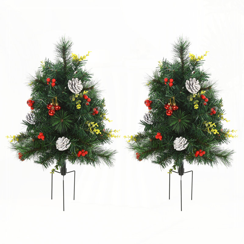Paquet de 2 sapins de Noël artificiels pour l'extérieur 22,5 po pré-éclairés sans cordon avec 24 lumières et piquets blanc chaud