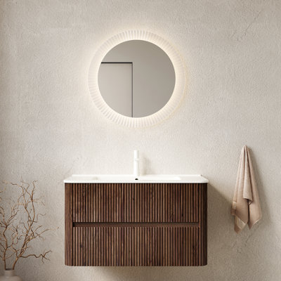 Meuble-lavabo de 36 po avec conception flottante murale, 2 tiroirs, lavabo en céramique blanche, texture rayée noyer rétro, pré-assemblé, sans robinet, lavabo brillant, teinture, armoire en contreplaqué, grand rangement,