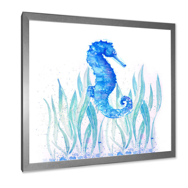 Hippocampe bleu - art mural sur toile traditionnel, H 16 po x l 16 po x P 1 po, Cadre photo argenté