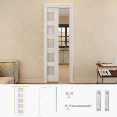 32" x 80" 5-Lite Frosted Glass Sliding Closet Pocket Door with Silver Hardware & White Pocket Door Frame / Handle