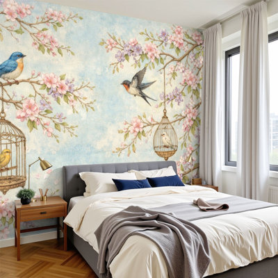 Peel and Stick Wallpaper Cherry Blossom Branches Birds Floral Blue Wall Murals 100"H x 144"W Removable PVC Wall Paper Self-Adhesive Wall Decor for Bedroom Living Room Home Office