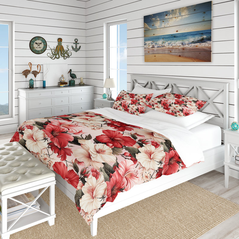 Literie Hibiscus Romance, Housse de couette pour grand lit et 2 taies décor
