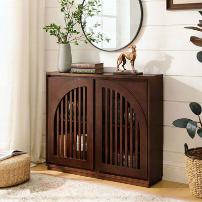 Mid Century Modern Fluted Sideboard with Curved Openwork – Dark Walnut