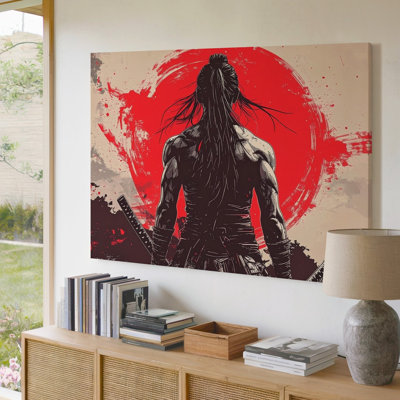A Samurai Warrior Viewed From Behind Standing In Front Of A Bold Red Circle Painted Like Canvas Wall Art Premium Quality Ready To Hang