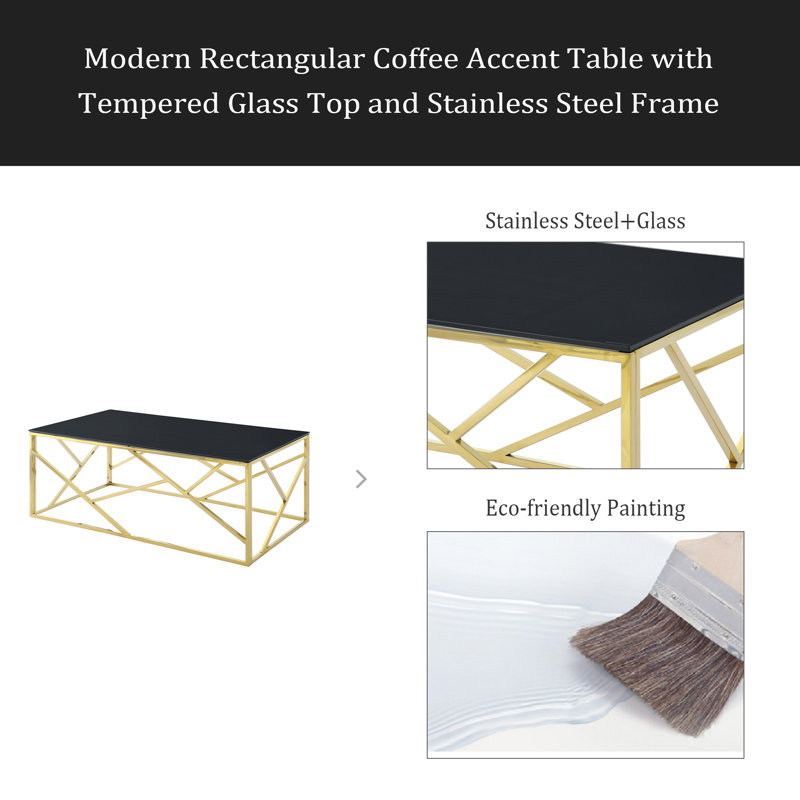 Table basse rectangulaire moderne avec plateau en verre trempé noir et structure en acier inoxydable pour la chambre à coucher du salon