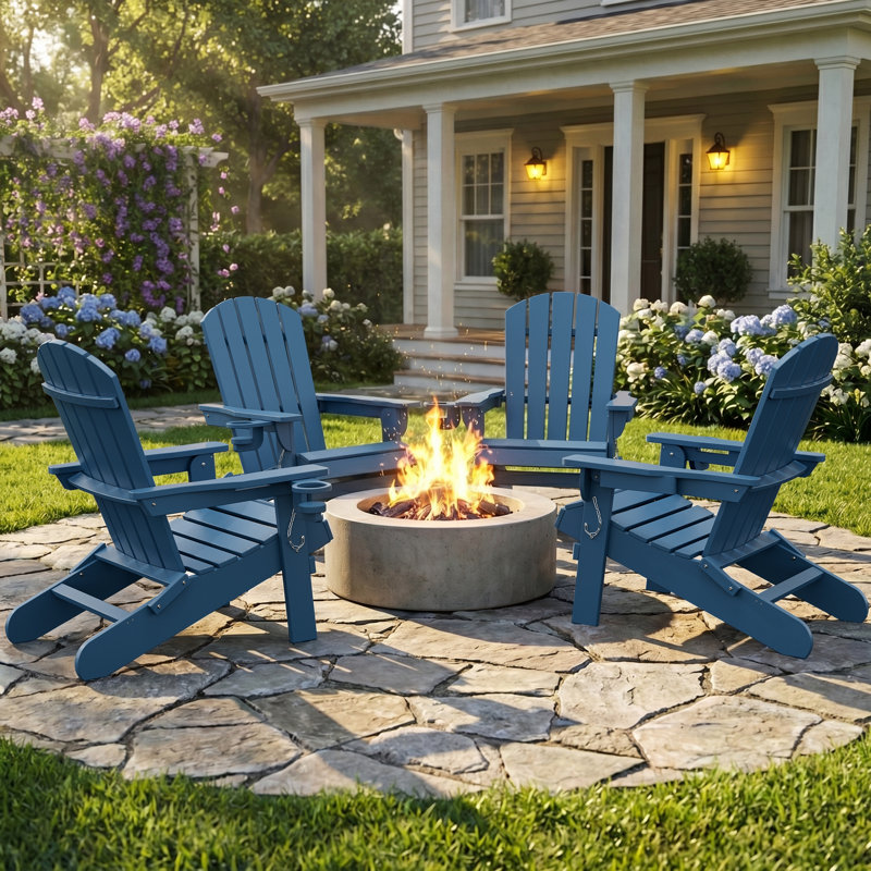 Set of 4 Foldable Adirondack Outdoor Lounge Chairs with Cup Holders for Patio Poolside, Blue