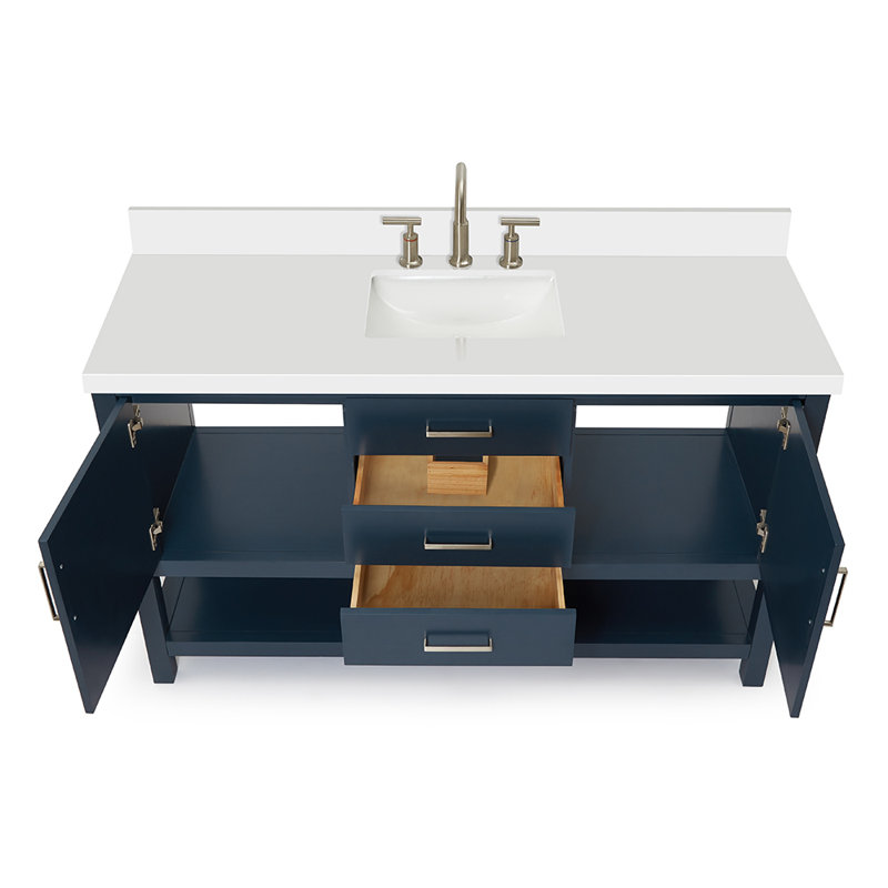 61'' Single Bathroom Vanity with White Quartz Top, Navy, Rectangular