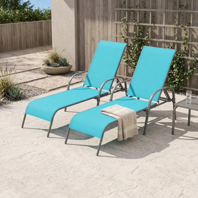 Weather Resistant Fade Proof Set Of 2 Adjustable Outdoor Patio Fabric Chaise Lounge Chairs With Reclining Armrests For Backyard Poolside Relaxation Use