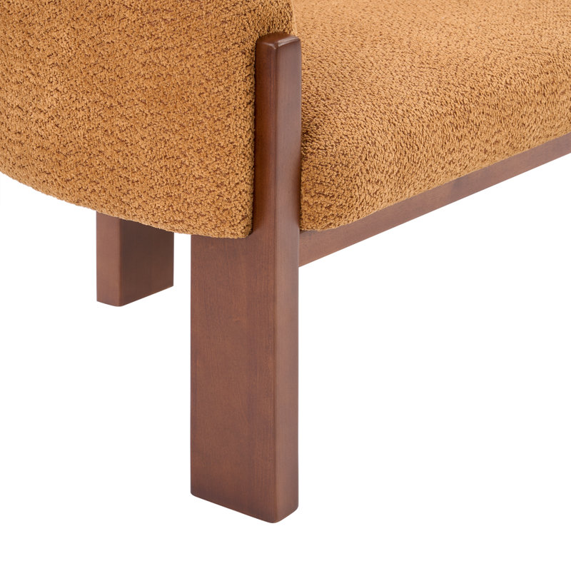 Canapé deux places incurvé moderne en boucle avec pieds en bois d'hévéa massif, 70 cm de largeur, Bouclette brune, Brun