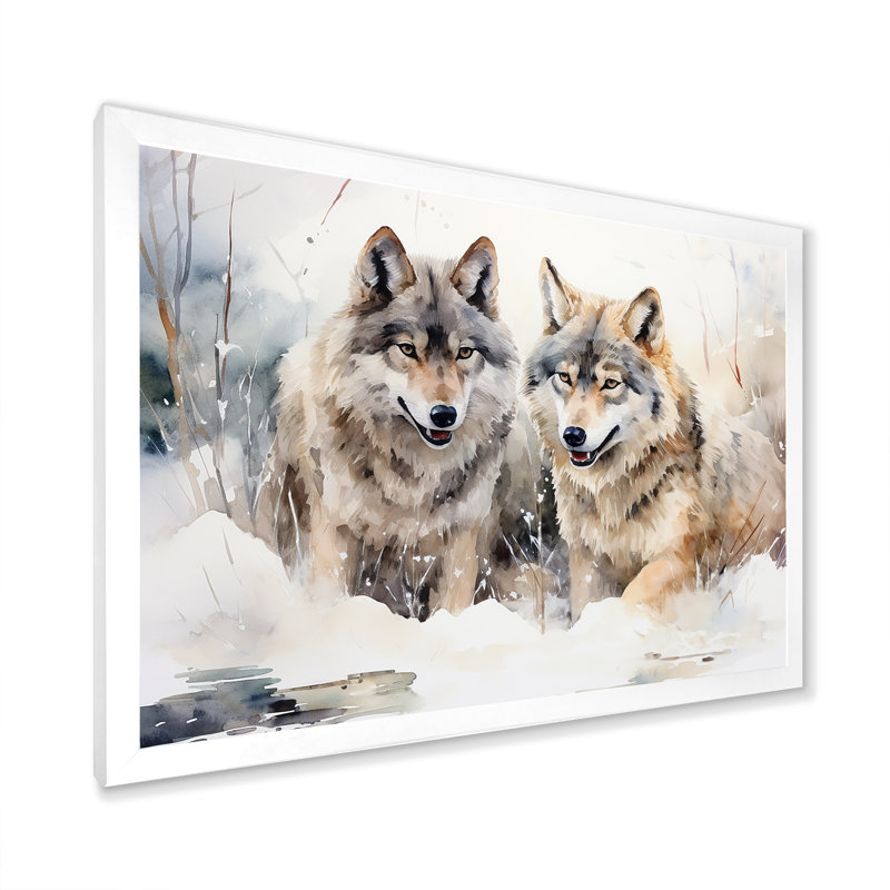 Forêt, loups dans un paysage d'hiver - loup, art mural, H 12 po x l 20 po x P 1 po, Cadre de coin blanc fermé