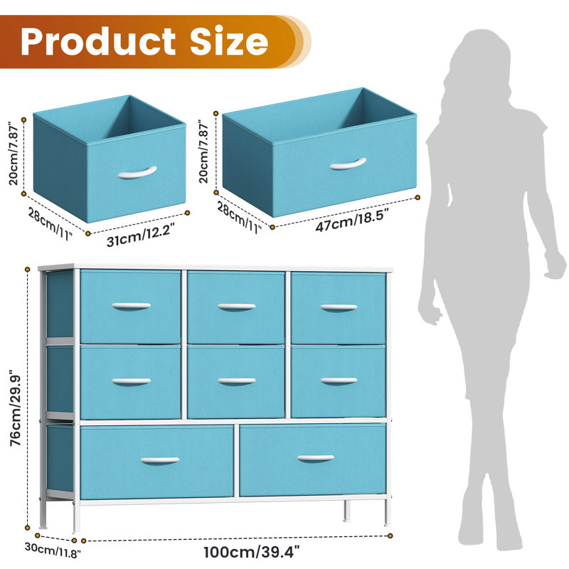 Steel 100 cm W Chest of 8 Drawers, Blue