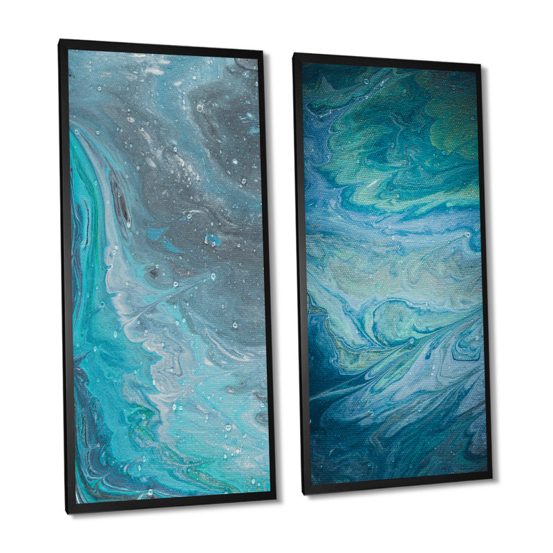 Shades of Blue Abstract Brushes III - Ensemble de 2 peintures sur toiles, H 20 po x l 24 po x P 1 po, Cadre photo noir