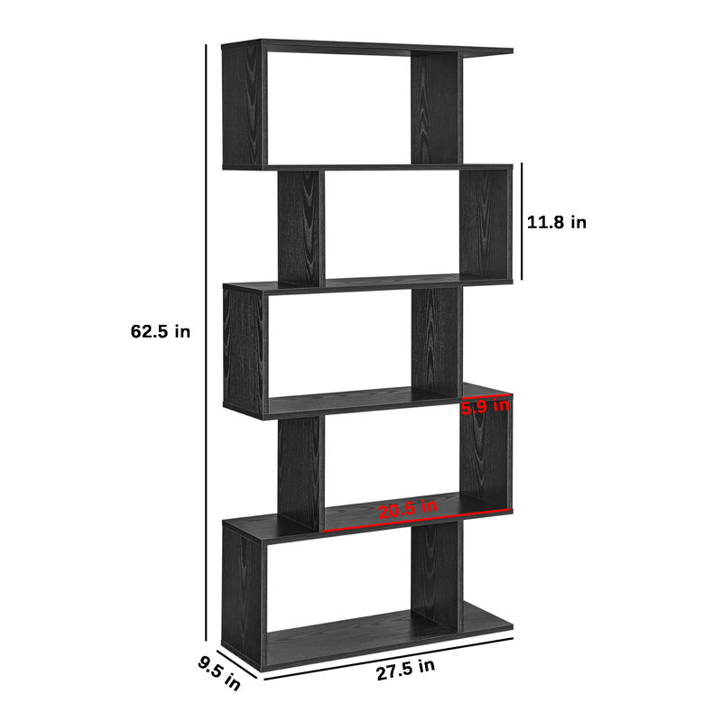 Bibliothèque Szeto, 5 tablettes (H 62,6 po x l 27,6 po x P 9,4 po), Noir ébène, 1