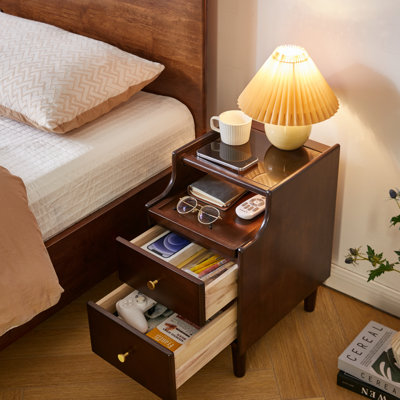 Solid Wood Nightstand with Two Drawers and Pull-out Panel Storage Bedside Table and Sofa Side Table