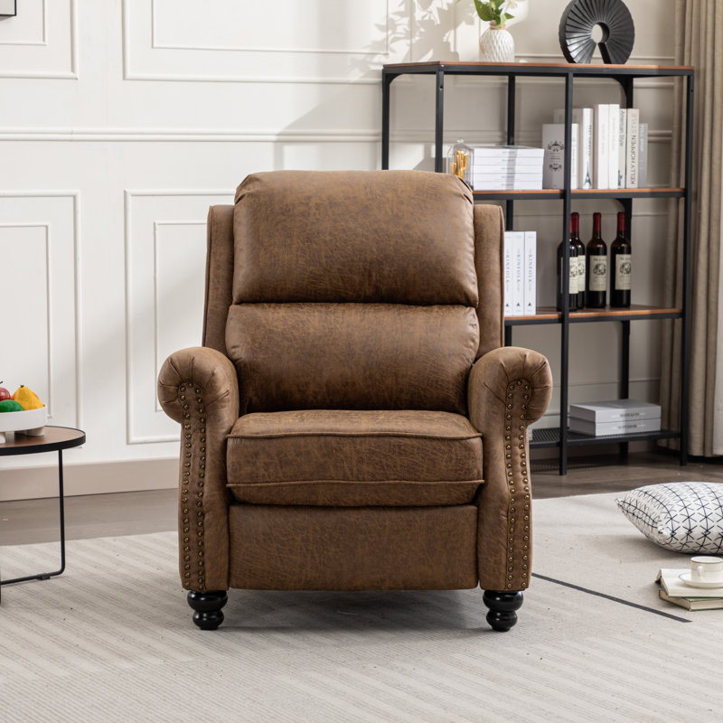 34.6" Wide Classic And Overstuffed Soft Vegan Leather Pushback Recliner With Nailhead Trim (Set Of 3), Brown Faux Leather