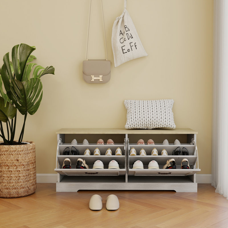 Banc de rangement pour chaussures avec 2 tiroirs rabattables et tablette réglable pour l'entrée, le couloir, la chambre à coucher - blanc antique, rangement pour chaussures