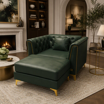 Canapé Chesterfield modulaire 1 place de 40,1 po de lumière, canapé en similicuir capitonné à la main, accoudoirs garnis de métal et pieds minces en métal, comprend 1 oreiller pour le salon, un appartement, vert