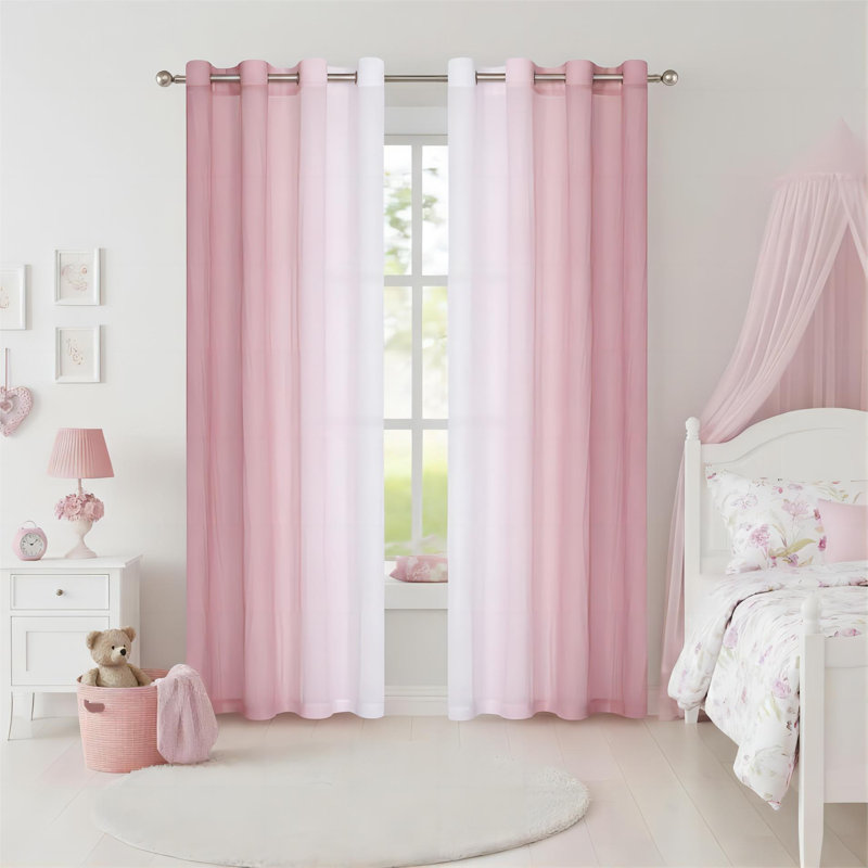 Pink Ombre Chiffon Sheer Curtains 84 Inch Long For Living Room Bedroom Decor, Crinkle Gradient Semi Voile Grommet Top Window Curtain Drapes For Girls Room, Garden, Yard, Set Of 2 Panels