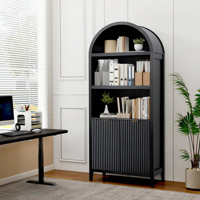 Bibliothèque arquée avec 5 tablettes, bibliothèque de 71 po de hauteur avec porte, noir