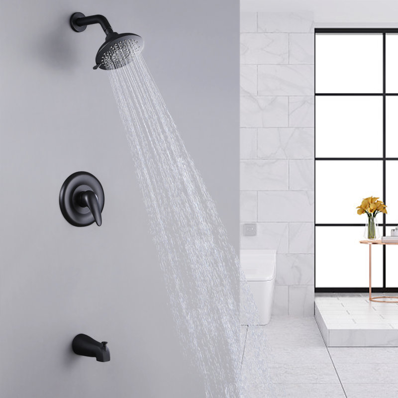 Ensemble de garniture de baignoire et de douche à pression équilibrée avec pomme de douche à 5 jets, Noir mat