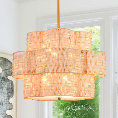 6-Light 3-Layer Bohemian Natural Bamboo Woven Floral Rattan Chandelier