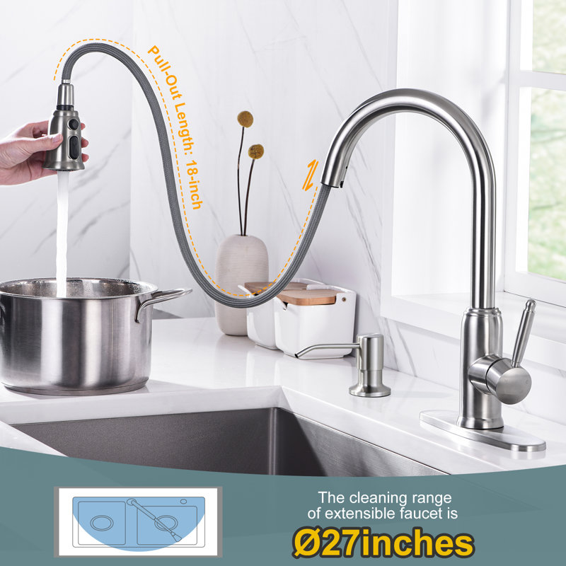 Brushed Nickel Stainless Steel Pull-Down Kitchen Faucet with Soap Dispenser