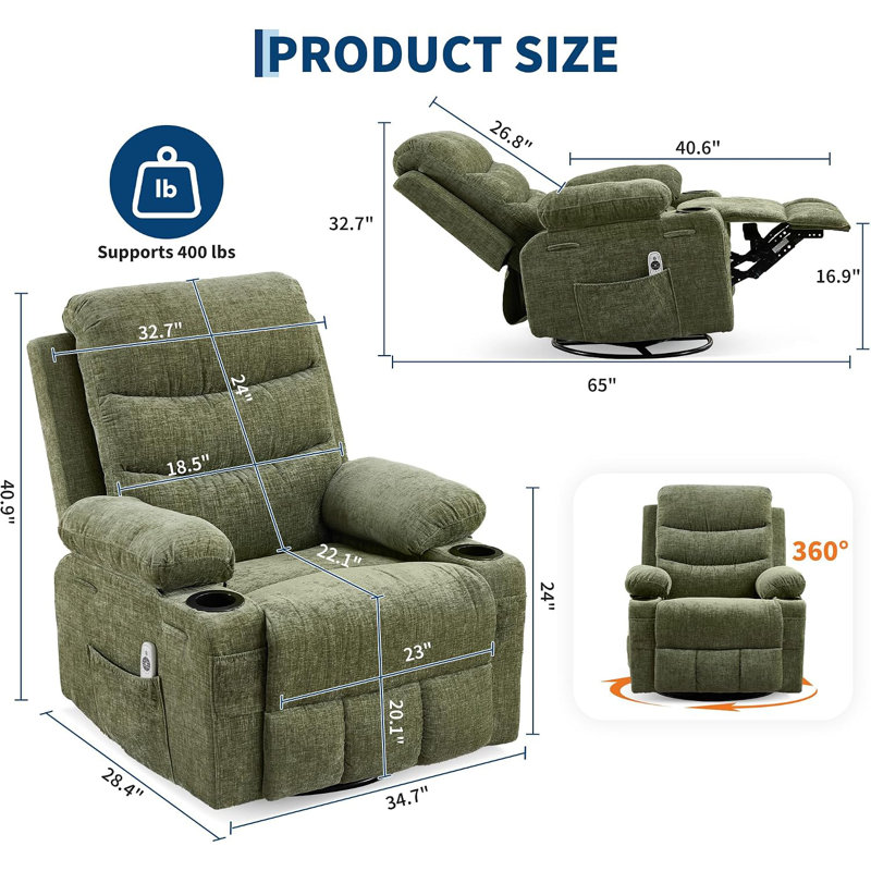 Fauteuil inclinable surdimensionné avec massage, chaleur et bascule