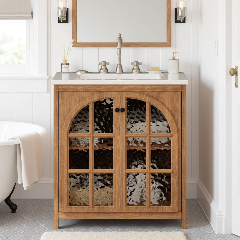 Meuble-lavabo autoportant de 31 po avec lavabo en céramique et portes en verre trempé, Naturel antique