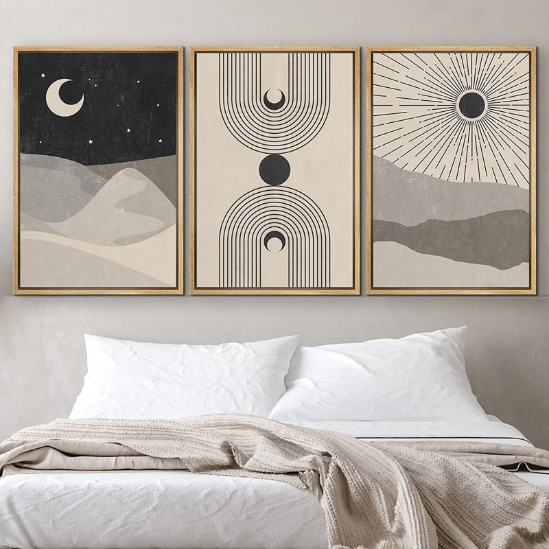 «Mid Century Modern Boho», ensemble de 3 impressions sur toile, H 24 po x l 48 po x P 1,5 po, Naturel