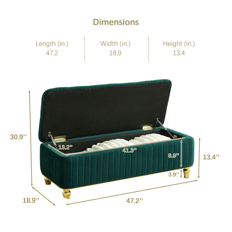Banc de rangement rembourré en velours avec surface capitonnée profonde et charnières de sécurité, Vert