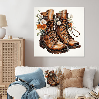 Art mural en métal brun avec bottes Western Flower Blossoms I - Cowboys